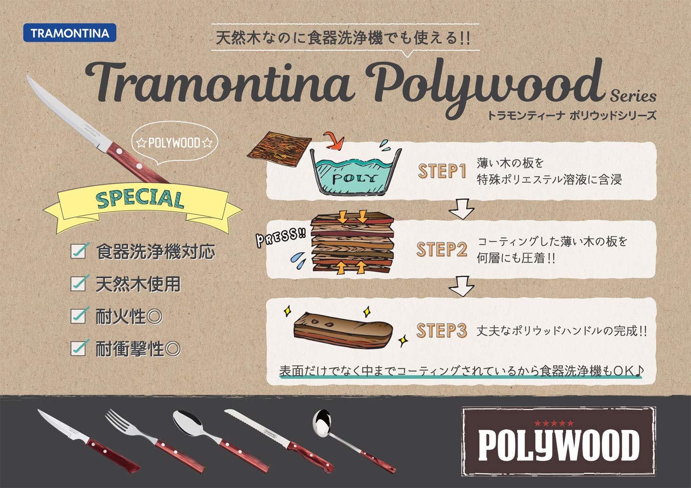 TRAMONTINA(トラモンティーナ) バーベキューツール ポリウッド 3点セット カッティングボード付き レッド 食洗機対応 21198/714