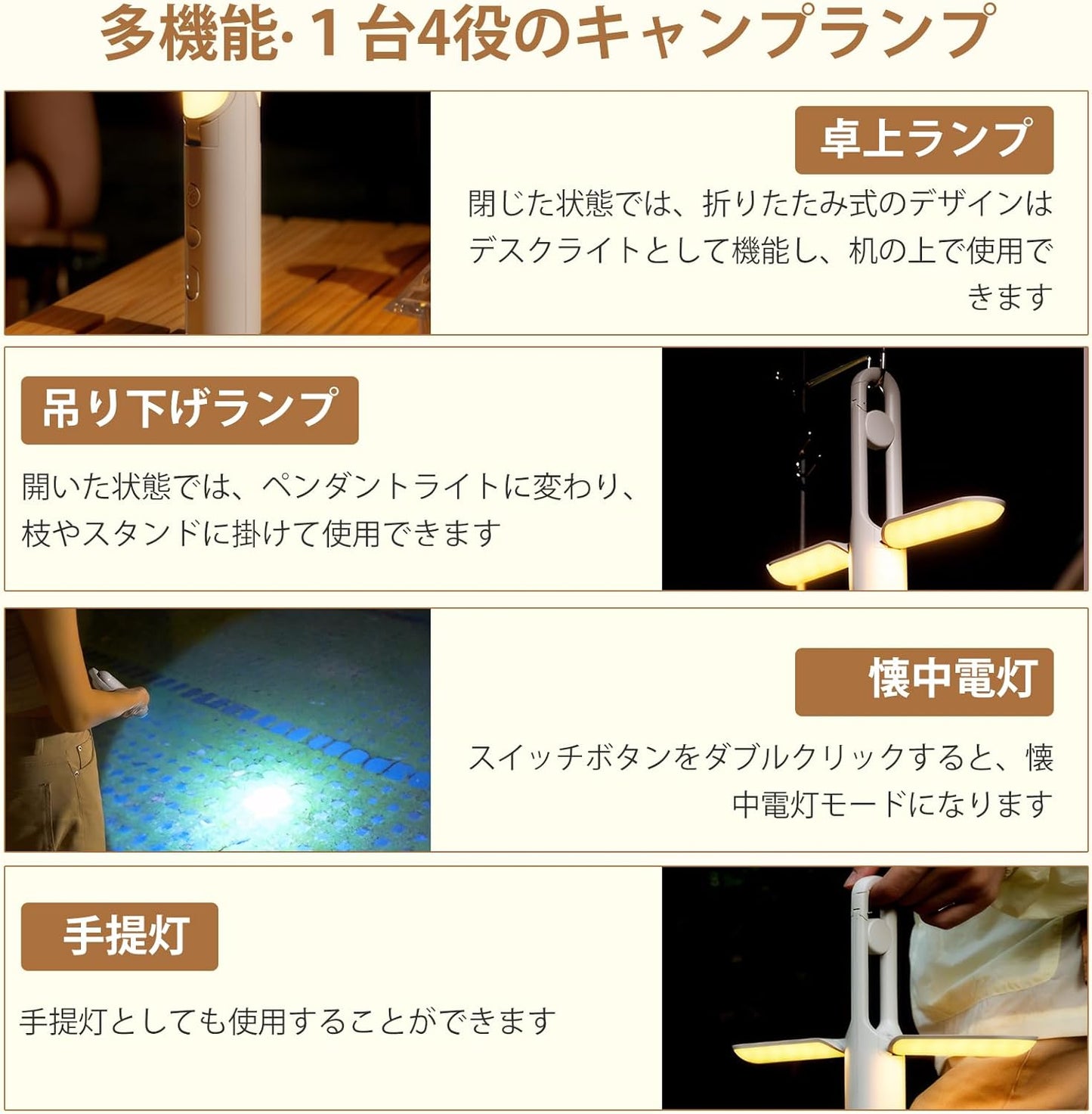 EASTBELL アウトドアキャンピングライト USB-C充電 多段階点灯 SOS信号機能付き 災害時ライト