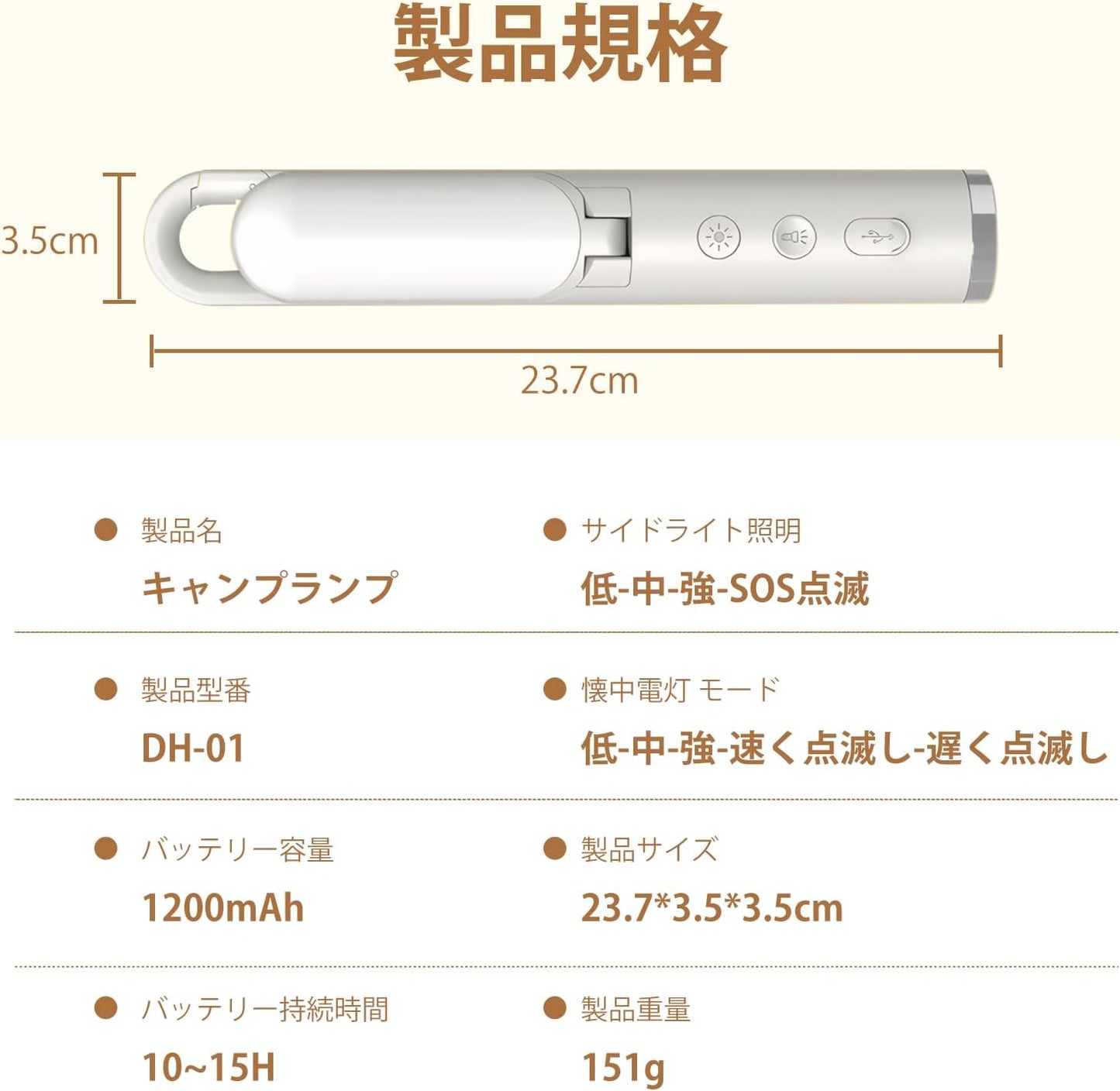 EASTBELL アウトドアキャンピングライト USB-C充電 多段階点灯 SOS信号機能付き 災害時ライト